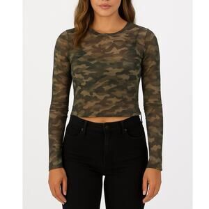Wild Honey Camo Print Mesh Long Sleeve Crop Top Sheer Size Medium Green Brown